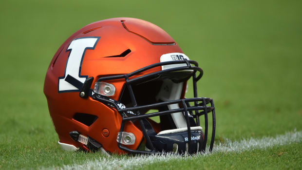 A general view of a Illinois helmet on the field prior to the game between the South Florida Bulls and the Illinois Fighting Illini at Raymond James Stadium.
